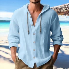 Cotton And Linen Shirt Hooded Sweater Button Long Sleeve (Option: Sky Blue-S)