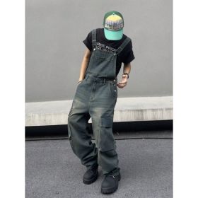Mens Vintage Denim Bib Overalls Faded Wash Wide Leg Baggy Streetwear Dungarees US Warehouse Ready Stock (Option: L168M)