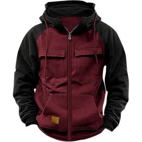 Men's Hoodie Youth Sports Multi-pocket Workwear (Option: Wine Red-S)