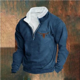 Retro Patchwork Half Cardigan Men's Long-sleeved Sweater (Option: Dark Blue-4XL)