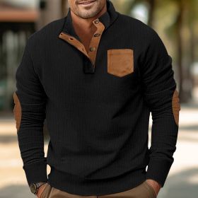 Patch Pocket Jacket Stand Collar Long Sleeve Corduroy Multicolor Hoodie (Option: Black-XXXL)