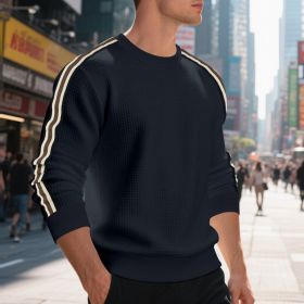 Casual Men's Loose Round Neck Sweater Thin (Option: Navy Blue-XXXL)