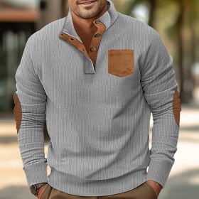 Patch Pocket Jacket Stand Collar Long Sleeve Corduroy Multicolor Hoodie (Option: Light Gray-XXXL)