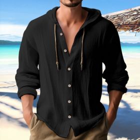 Cotton And Linen Shirt Hooded Sweater Button Long Sleeve (Option: Black-XXL)