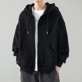Men's Fashionable Loose All-match Zipper Cardigan Sweater Coat (Option: Black-L)